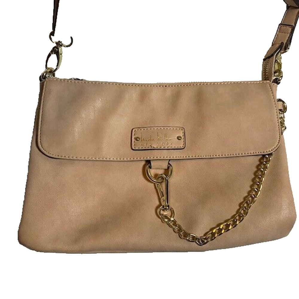 Nicole Miller Tan Leather Crossbody Purse Handbag Gold chain accent 7x10